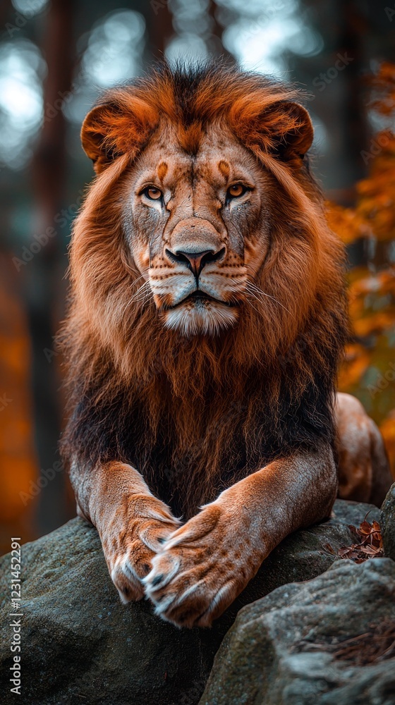Naklejka premium A powerful lion reclines on a rugged rock, its brilliant mane catching the gentle rays of sunlight filtering through the trees