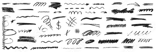 Line curve with texture crayon chalk. Scribble hand drawn set underline black on white background. Underline curve crayon chalk set, Vector illustration