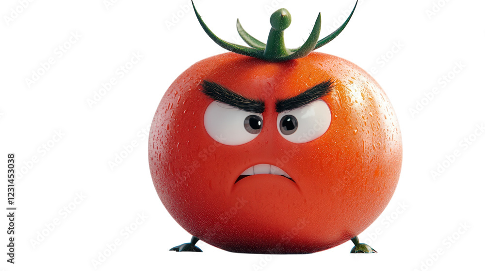 Red tomato character with an angry expression stands firmly on a white background
