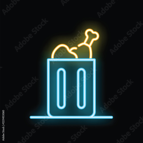 Glowing neon line chicken leg in trash can icon isolated on black background. Vector illustration