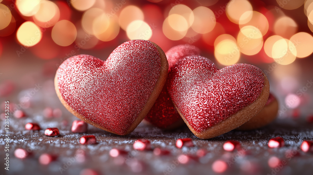 Fototapeta premium Romantic Red Glitter Heart Cookies Valentines Day Sweet Treats love food sugar tasty candy image 