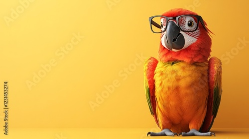 A cartoon parrot in glasses, sitting on a solid-color background, leaving space for copy on one side 