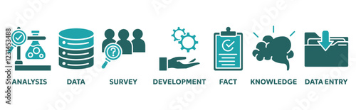 Research icon set illustration concept with icon of analysis, data, survey, development, fact, knowledge, data entry 