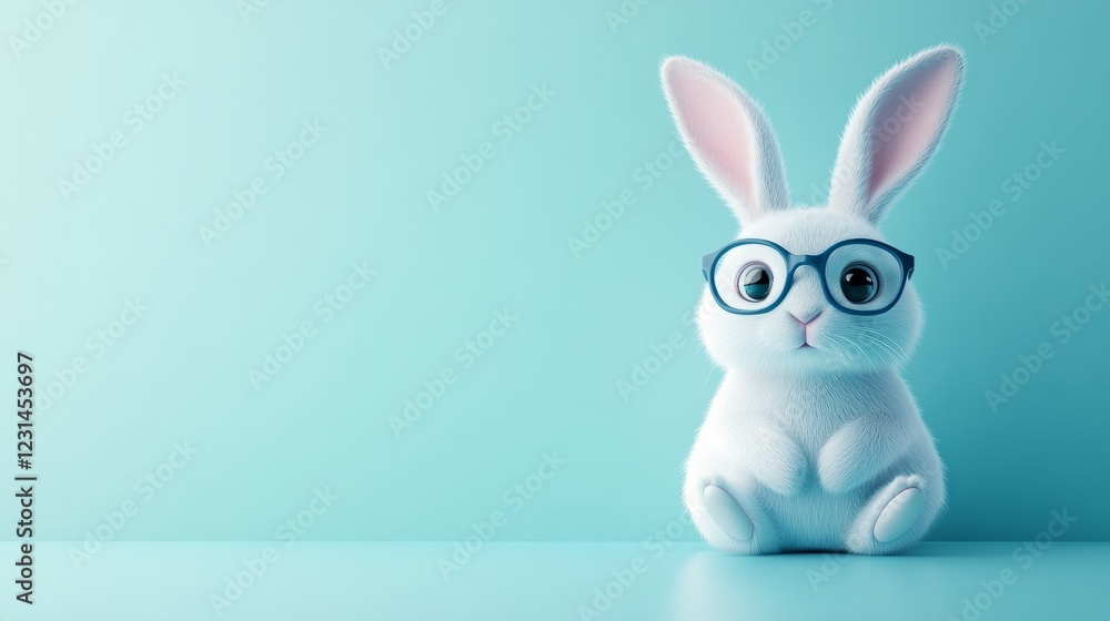 A cartoon rabbit with glasses, jumping against a smooth solid-color background, leaving space for text A cartoon rabbit with glasses, jumping against a smooth solid-color background, leaving space for text
