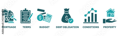 Refinance icon set illustration concept with icon of mortgage, terms, budget, debt obligation, conditions, property 