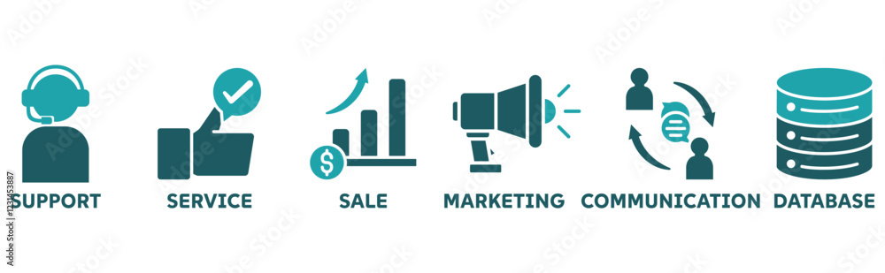 CRM icon set illustration concept with icon of support, service, sale, marketing, communication, database CRM icon set illustration concept with icon of support, service, sale, marketing, communication, database