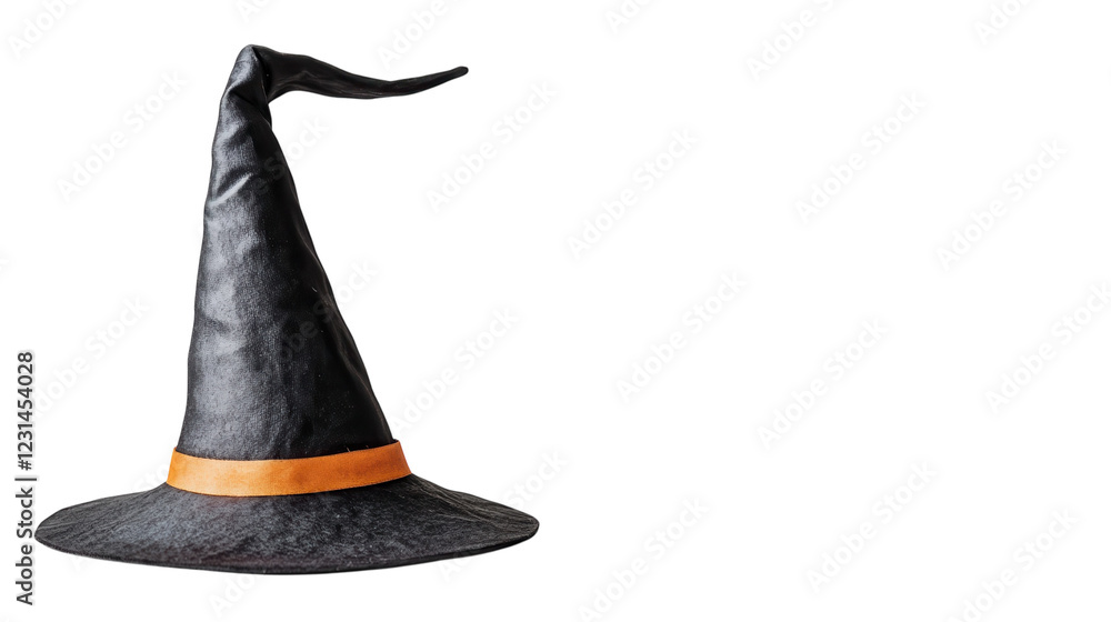 Black witch hat with orange band displayed against a plain background showcasing classic Halloween attire