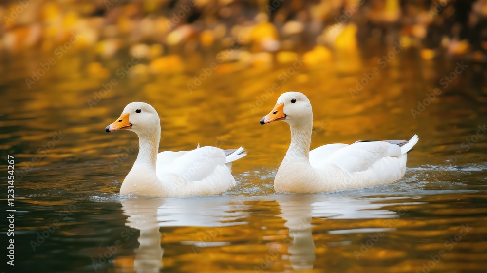Two White Geese Swimming in Golden Autumn Water Two White Geese Swimming in Golden Autumn Water