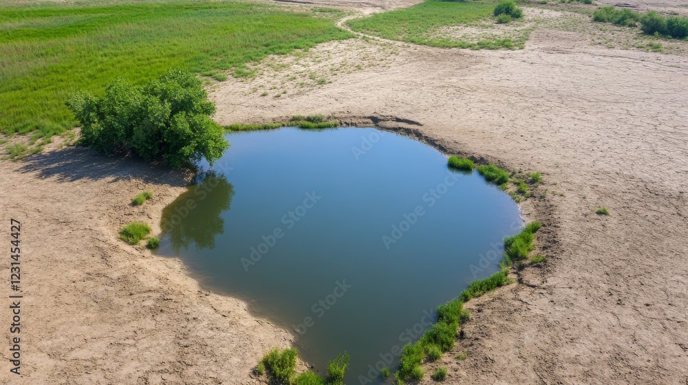 Aerial view of a small pond in a dry, grassy landscape with a tree nearby, used for environmental studies and illustrating drought