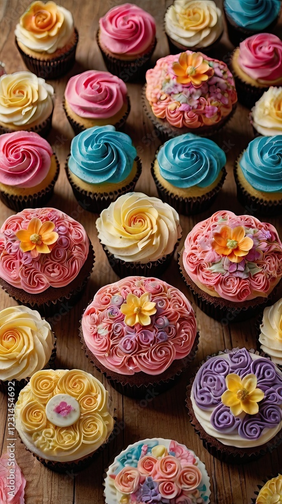 A row of colorful cupcakes with flowers and swirls on top A row of colorful cupcakes with flowers and swirls on top