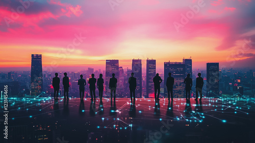 Wallpaper Mural Abstract business man stands on Smart digital Innovation city with connection network reciprocity over the twilight cityscape. of future wireless digital city and social media networking systems Torontodigital.ca