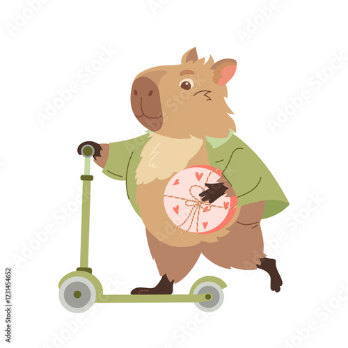 Cartoon capybara rushes on scooter. Happy exotic animals, cute biggest rodents with love emotions Valentines love day. Flat vector design elements for card, packaging, fabrics, flyers