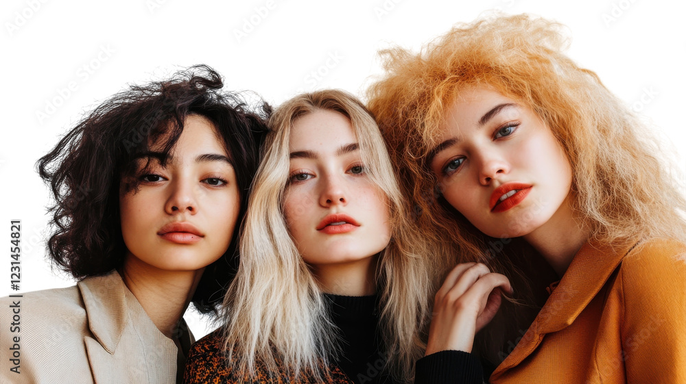 Obraz premium Three women pose closely together, showcasing diverse hairstyles and unique fashion styles in a studio setting
