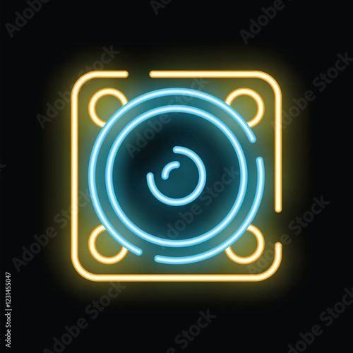 Neon sign representing a subwoofer glowing on a black background, a vibrant illustration of audio equipment