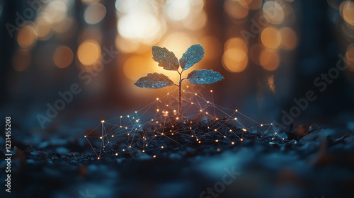 Young plants on a digital network symbolize the fusion of nature and technology in sustainable innovation minimalistic bright light tone modern blurred empty blank caption space on the side

 photo