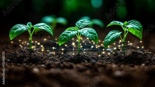 Young plants on a digital network symbolize the fusion of nature and technology in sustainable innovation minimalistic bright light tone modern blurred empty blank caption space on the side

 photo