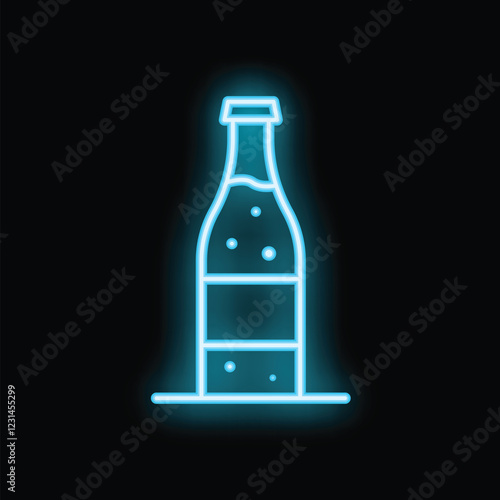 Blue neon sign showing a bottle of sparkling water with bubbles on a black background