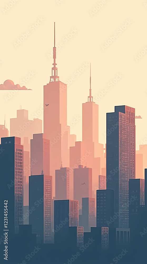 Naklejka premium Minimalistic cityscape with rectangular buildings and simple lines, flat design style