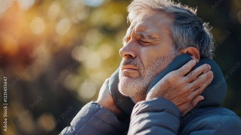 Man massaging his neck with a heated pad, trying to relieve chronic pain. Man massaging his neck with a heated pad, trying to relieve chronic pain.