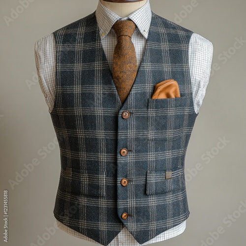 Grey plaid waistcoat with orange tie and pocket square.