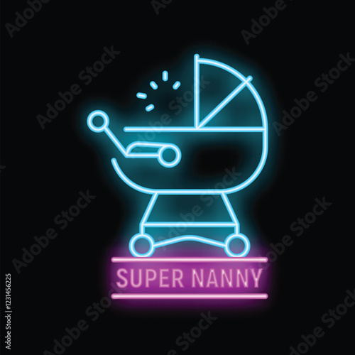 Neon glowing icon of a baby stroller with super nanny lettering for babysitting services advertisement