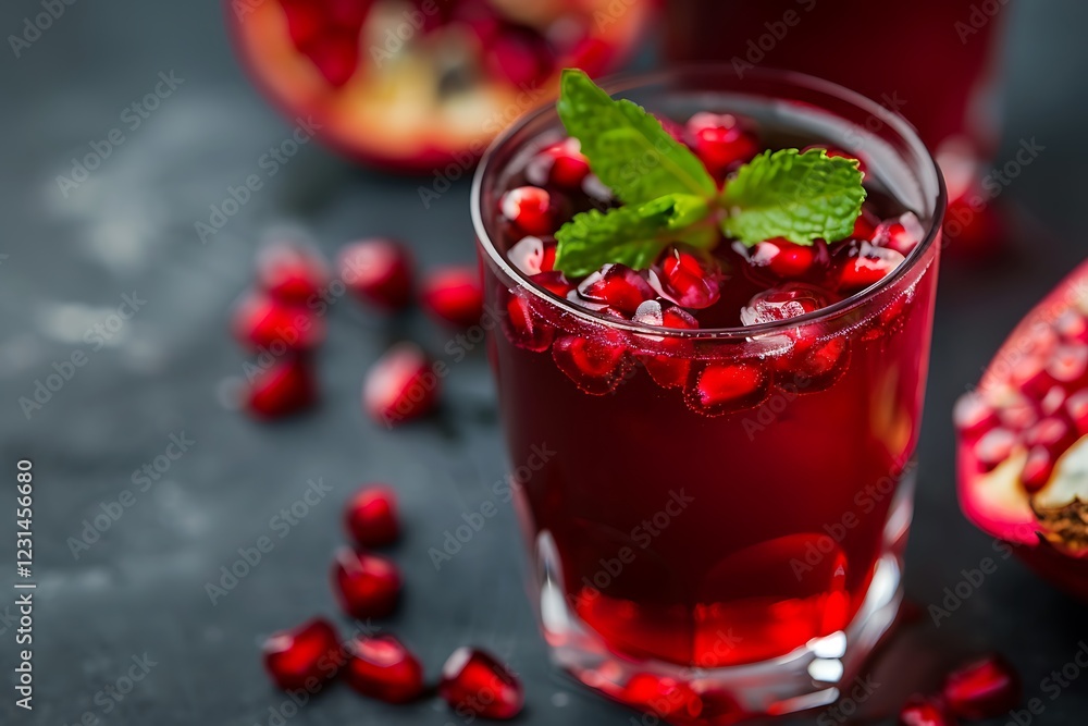 A close-up shot of a glass of pomegranate juice with a rich red color, garnished with pomegranate arils and a mint leaf A close-up shot of a glass of pomegranate juice with a rich red color, garnished with pomegranate arils and a mint leaf