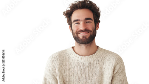 Wallpaper Mural Man with curly hair and beard smiles warmly while wearing a cozy sweater in a bright indoor space Torontodigital.ca