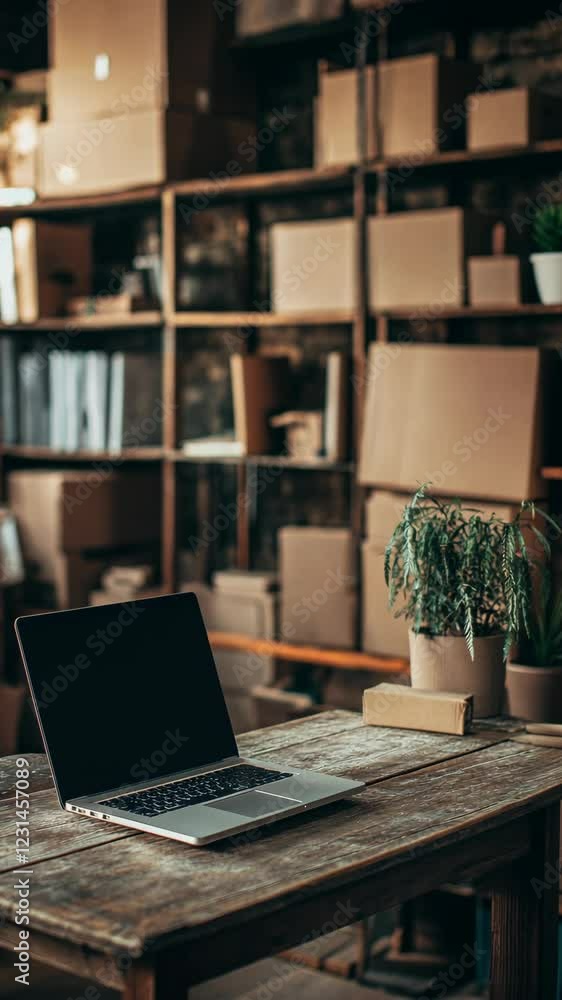 Workspace with a laptop on a wooden table surrounded by boxes and plants in a cozy environment Workspace with a laptop on a wooden table surrounded by boxes and plants in a cozy environment