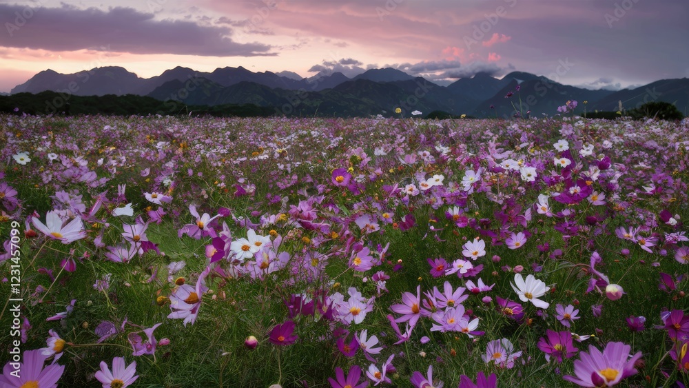 Vast field of colorful cosmos flowers in vibrant purple and white hues under a twilight sky with mountains in the background and soft pink clouds Vast field of colorful cosmos flowers in vibrant purple and white hues under a twilight sky with mountains in the background and soft pink clouds