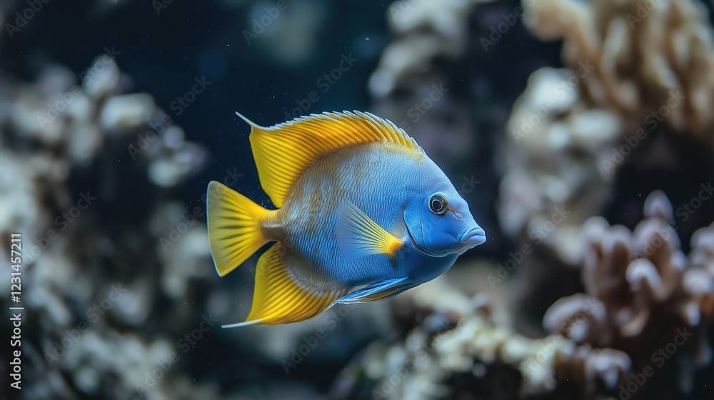 Naklejka premium Blue Yellow Fish Swimming In Dark Coral Reef Aquatic Environment