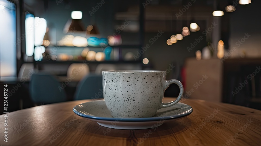 Ceramic coffee cup on a wooden table with a blurred cozy cafe background featuring warm lighting and soft colors, creating a serene atmosphere. Ceramic coffee cup on a wooden table with a blurred cozy cafe background featuring warm lighting and soft colors, creating a serene atmosphere.
