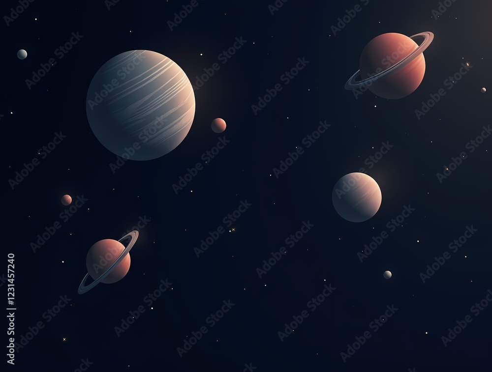 Fototapeta premium Minimalistic illustration of space with planets as circles and stars as dots, on a dark background