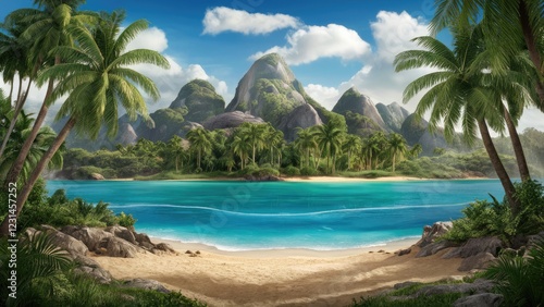 Tropical island beach scene with clear turquoise water, lush green palm trees on both sides, rocky foreground, and majestic mountains in the background.