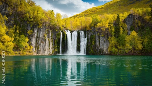 Majestic waterfall cascading into a tranquil lake surrounded by vibrant green and yellow foliage under a clear blue sky in springtime.