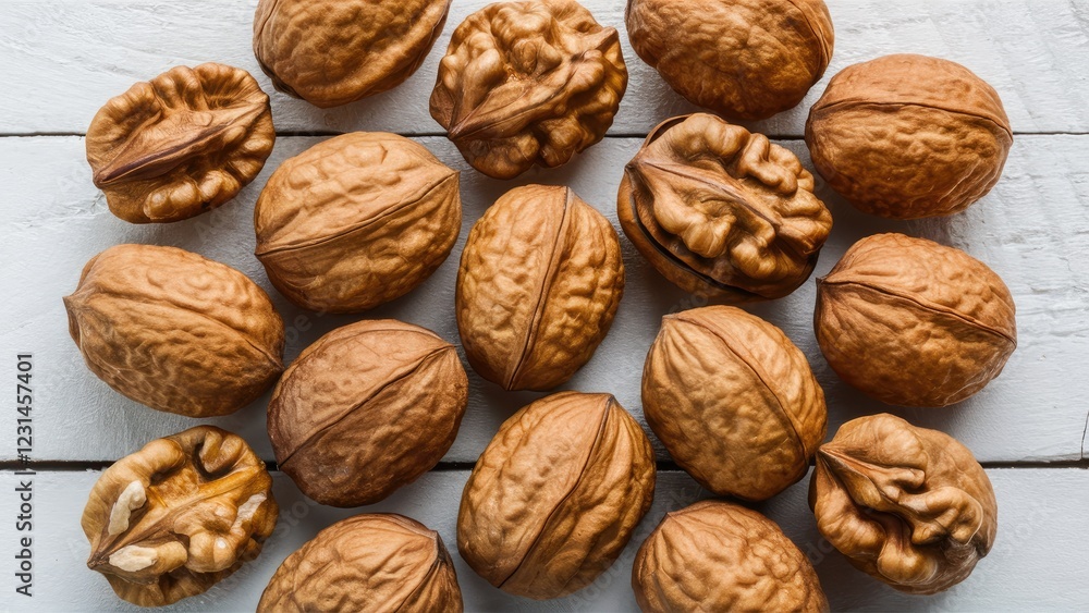 Walnuts in various orientations on a white wooden background showcasing rich brown textures and natural grooves for a rustic feel. Walnuts in various orientations on a white wooden background showcasing rich brown textures and natural grooves for a rustic feel.