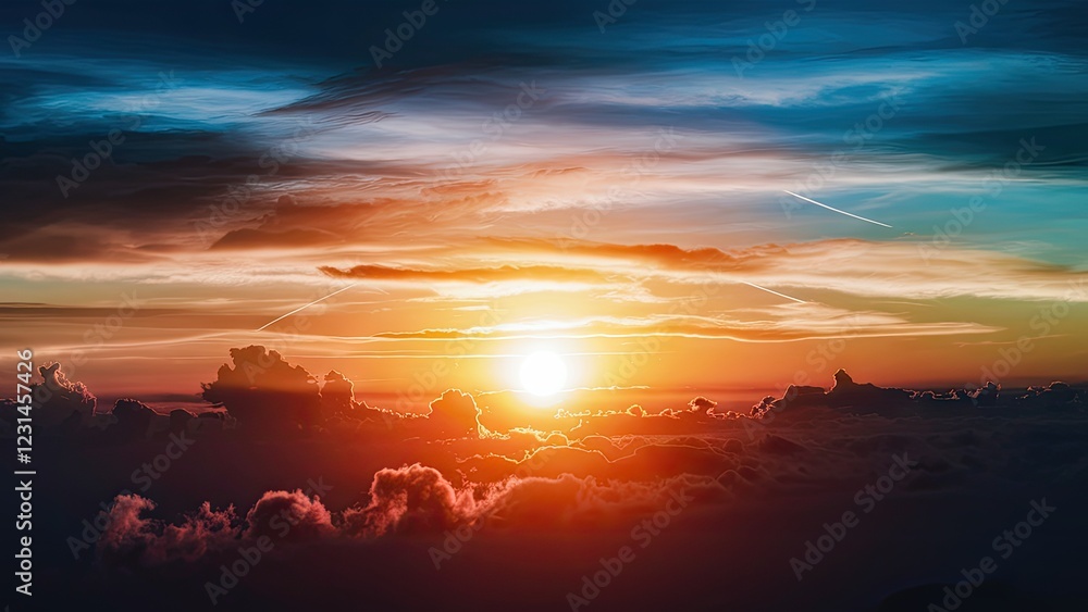 Obraz premium Vibrant sunset over layered clouds with rich orange and blue hues creating dramatic sky backdrop; ample space for text in the center.