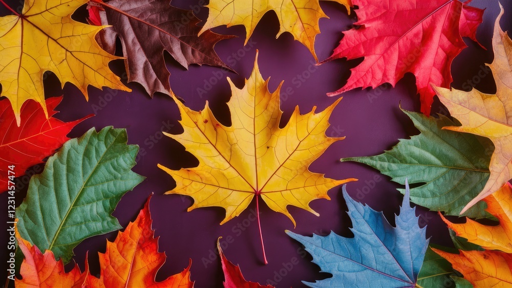 Fototapeta premium Colorful autumn leaves in vibrant shades of red, orange, yellow, and green scattered on a deep purple background creating a warm fall ambiance.