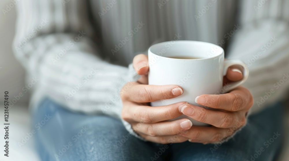 Cozy Moment with a Warm Cup of Coffee in Casual Settings, Celebrating Comfort and Relaxation with a Focus on Hands and Mug Cozy Moment with a Warm Cup of Coffee in Casual Settings, Celebrating Comfort and Relaxation with a Focus on Hands and Mug