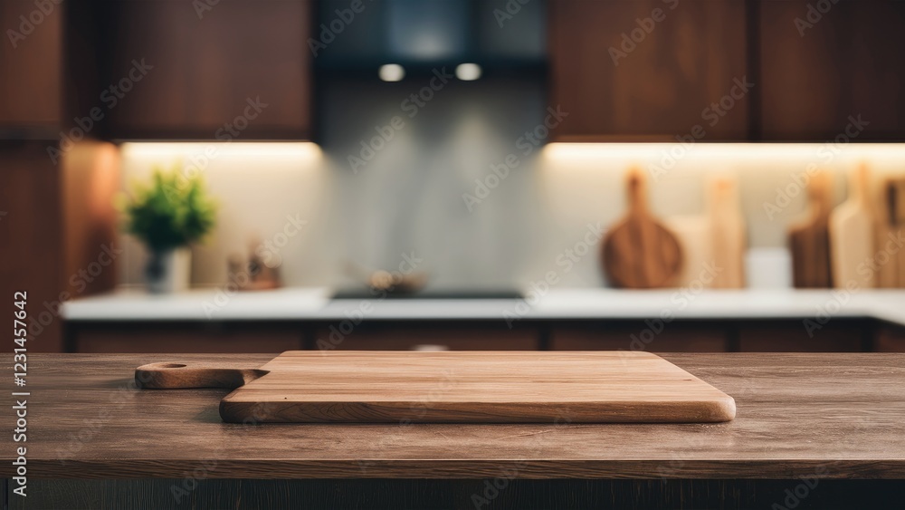 Wooden cutting board on a polished table with a blurred modern kitchen backdrop featuring dark cabinets and warm accent lighting. Wooden cutting board on a polished table with a blurred modern kitchen backdrop featuring dark cabinets and warm accent lighting.
