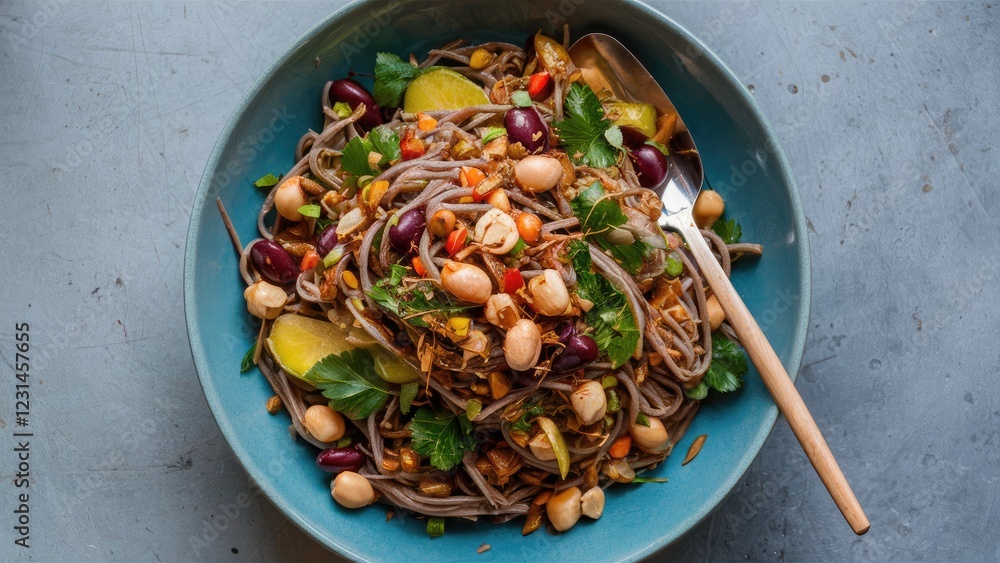 Obraz Vibrant vegan soba noodle salad with chickpeas, peanuts, and herbs in a teal bowl, garnished with colorful beans and garnishes on a gray surface