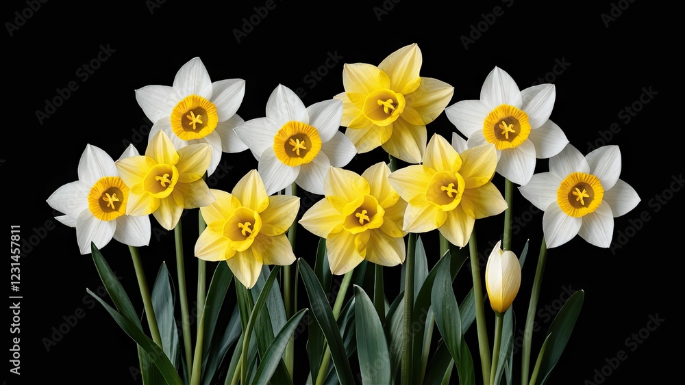 Narcissus flowers in white and yellow arranged in clusters with lush green leaves on a black background showcasing vibrant colors and detail Narcissus flowers in white and yellow arranged in clusters with lush green leaves on a black background showcasing vibrant colors and detail