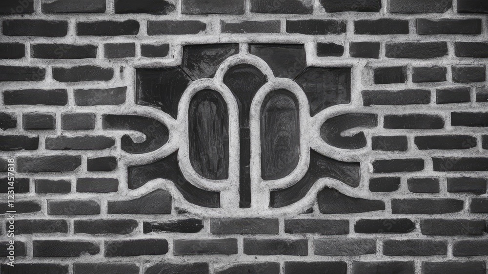 Textured closeup of a unique brick wall with central design in monochrome showcasing artistry with dark and light brick contrast ideal for backgrounds Textured closeup of a unique brick wall with central design in monochrome showcasing artistry with dark and light brick contrast ideal for backgrounds