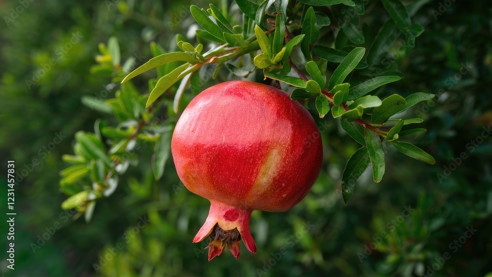 Vibrant red pomegranate fruit hanging from lush green foliage with blurred background, showcasing the natural beauty of ripe fruits in autumn. Vibrant red pomegranate fruit hanging from lush green foliage with blurred background, showcasing the natural beauty of ripe fruits in autumn.
