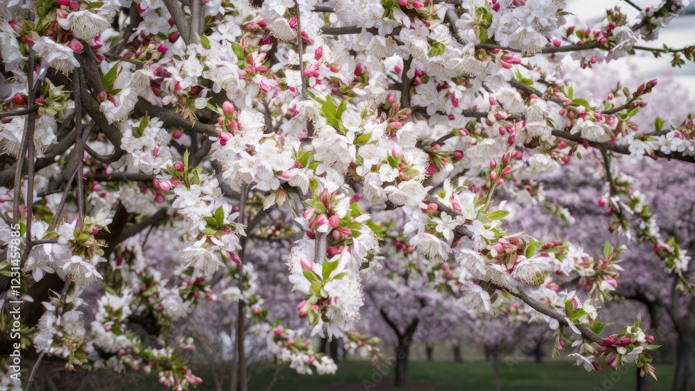 Vibrant flowering tree branches loaded with bright white and pink blossoms, set against a blurred backdrop of lush greenery and soft petals. Vibrant flowering tree branches loaded with bright white and pink blossoms, set against a blurred backdrop of lush greenery and soft petals.