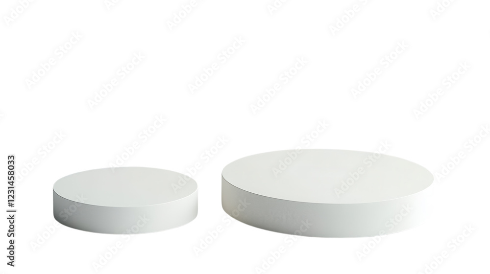 White circular platforms of varying sizes arranged for display in a modern setting White circular platforms of varying sizes arranged for display in a modern setting