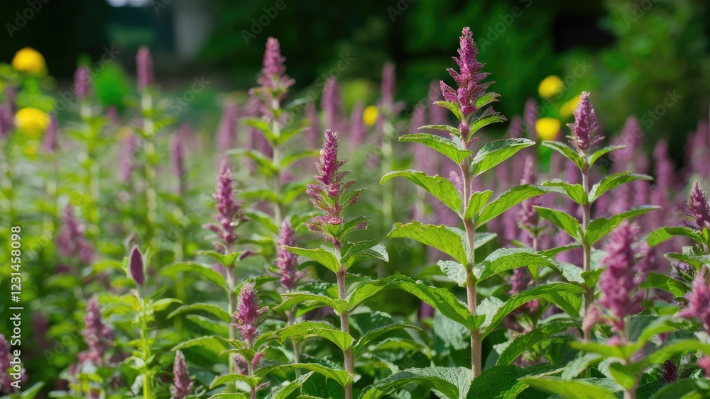 Lush green mint plants with purple flower spikes thriving in a sunny summer garden surrounded by colorful yellow blooms and soft sunlight. Lush green mint plants with purple flower spikes thriving in a sunny summer garden surrounded by colorful yellow blooms and soft sunlight.