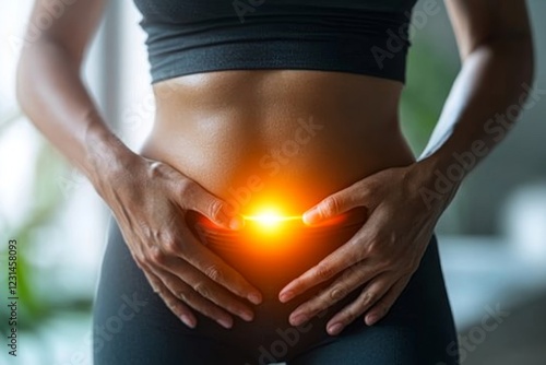 woman having painful lower stomach and hands holding pressing her crotch lower abdomen