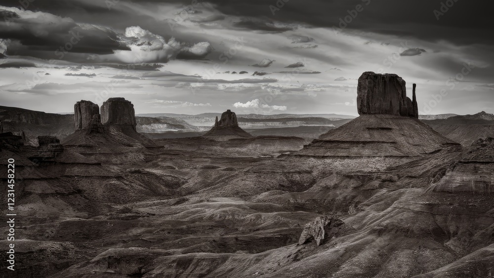 Monochrome landscape of Monument Valley with dramatic clouds, showcasing rugged rock formations and deep shadows in varying shades of gray Monochrome landscape of Monument Valley with dramatic clouds, showcasing rugged rock formations and deep shadows in varying shades of gray
