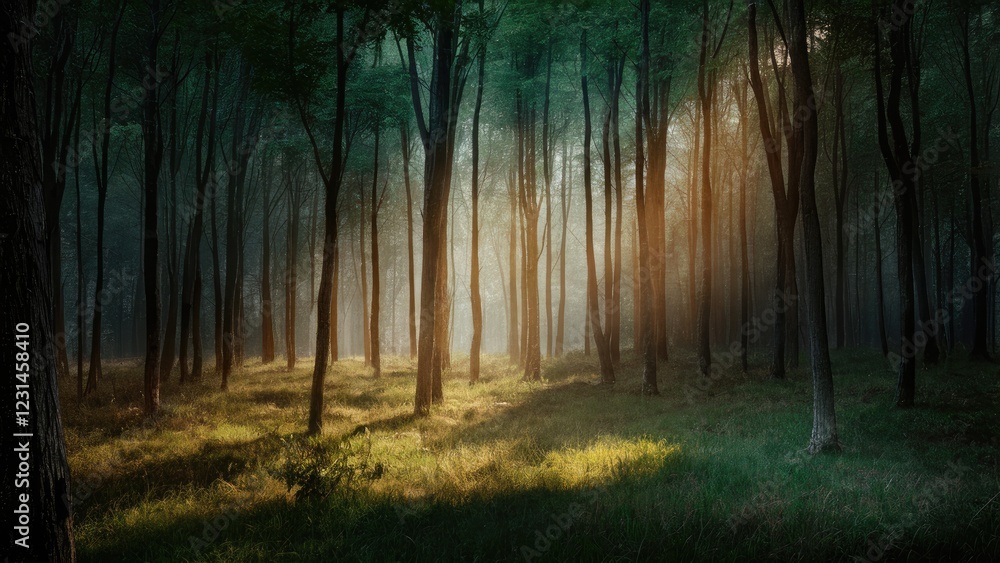 Fototapeta premium Mystical forest landscape with sun rays piercing through dense green trees creating a serene atmosphere over soft grass in warm golden tones