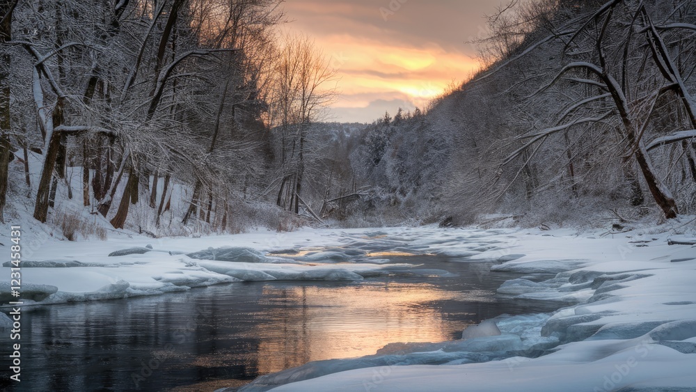 Serene winter creek scene with icy river reflections and snowy banks illuminated by a soft sunset glow, showcasing tranquil nature harmony. Serene winter creek scene with icy river reflections and snowy banks illuminated by a soft sunset glow, showcasing tranquil nature harmony.